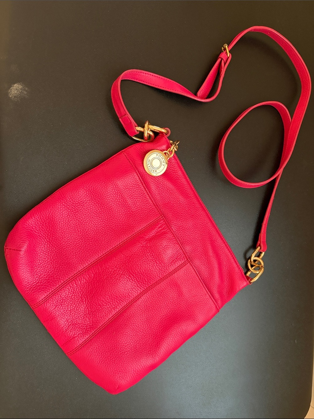 Tommy Hilfiger Bright Pink Pebbled Leather Crossbody with Gold Hardware